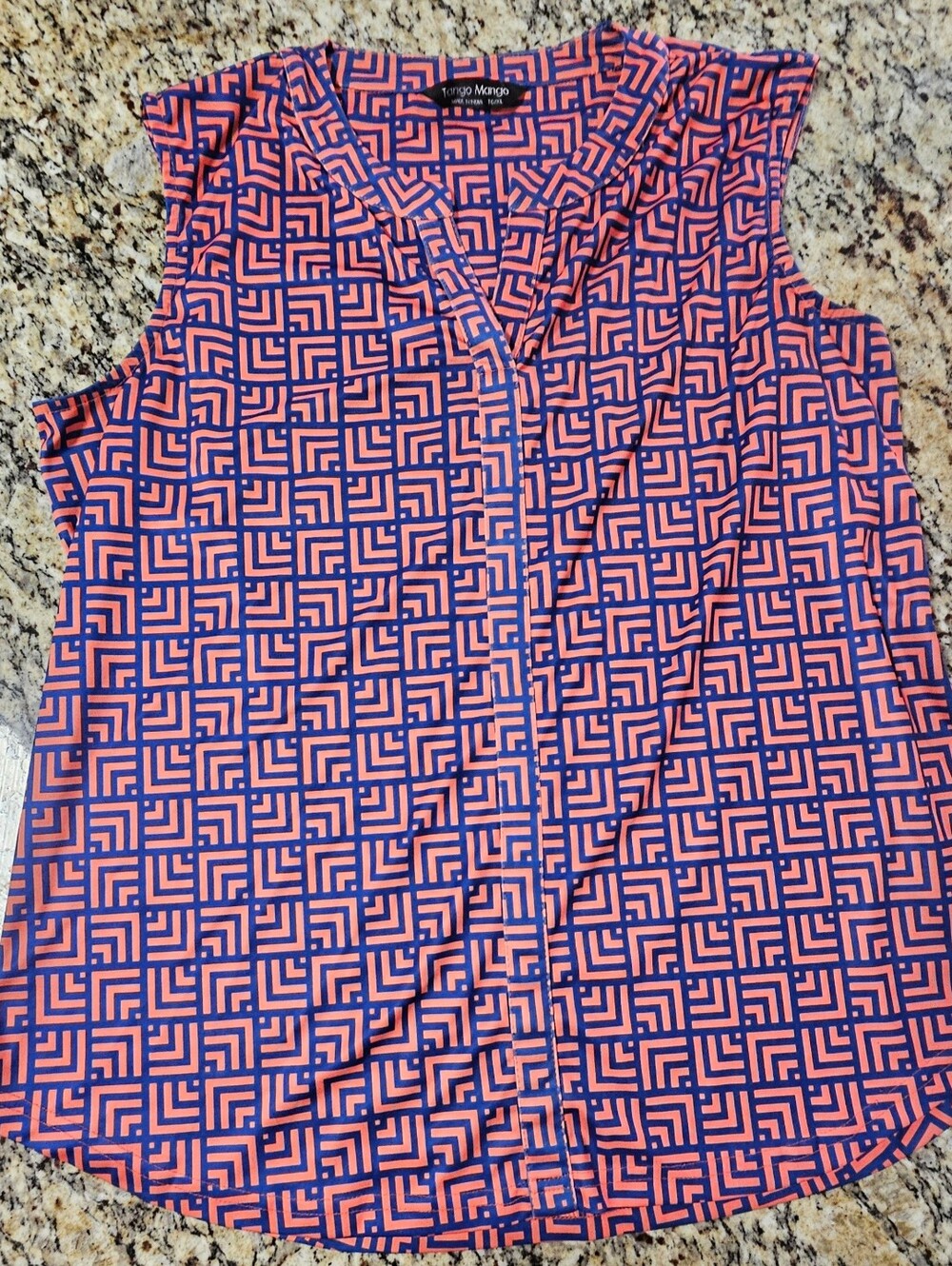 Tango Mango brand sleeveless blouse features a bold geometric print orange blue - Picture 7 of 8